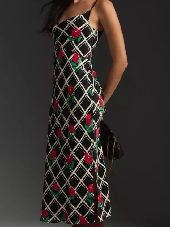 Anthropologie Dresses & Skirts - Anthropologie Black Midi Slip Dress with Red Rose Print